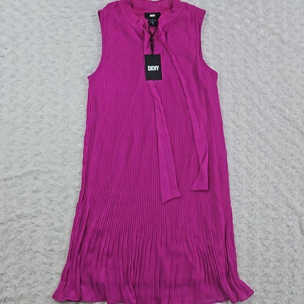 DKNY Size 10 Purple Pink Pleated Sleeveless Tie Neck Stretch Evening Shift Dress